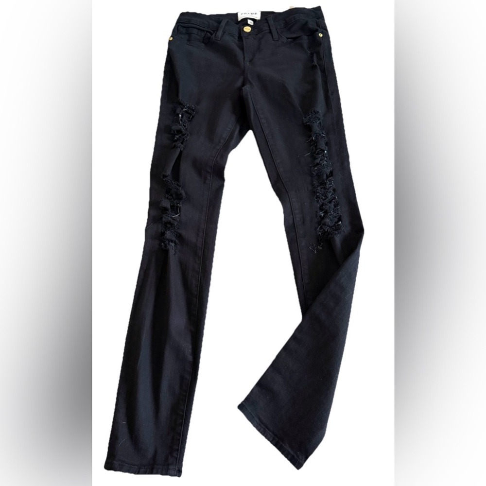 FRAME LE SKINNY de JEANNE Film Noir Black Distressed Denim Jeans Size 26 27x29 - Picture 2 of 8